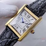 Yellow Gold Cartier Tank Solo Automatic Copy Watch In Black Leather Strap White Dial